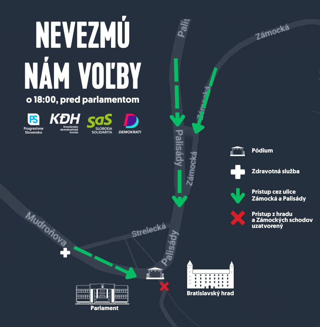 Nevezmú nám voľby | protest v Bratislave 14.4.2026 | mapa